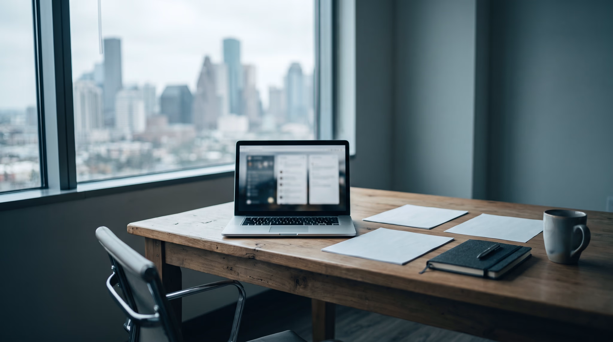 An office desk by a window overlooking the Houston skyline, with a laptop showing agency profiles side by side next to three sheets of paper laid out for comparison