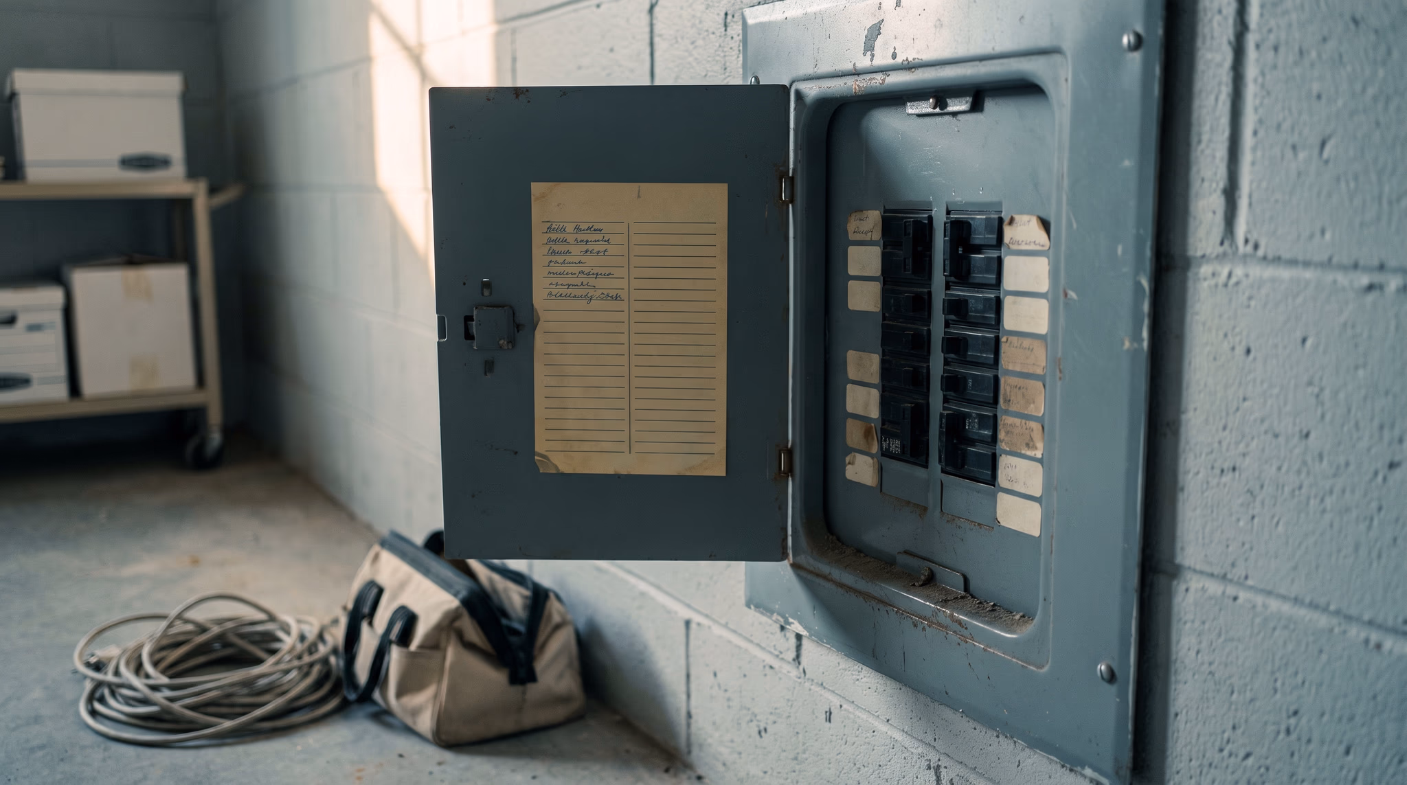 An open electrical breaker panel on the wall of an empty small business back room, its directory card and row labels filled in but unreadable, illustrating how schema markup labels the facts on a page for AI search engines