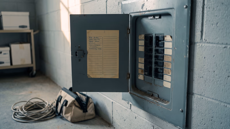 An open electrical breaker panel on the wall of an empty small business back room, its directory card and row labels filled in but unreadable, illustrating how schema markup labels the facts on a page for AI search engines