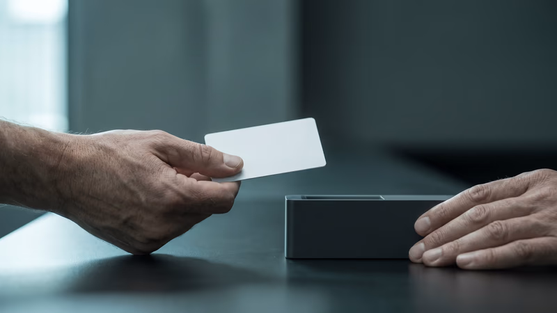 Hands holding a plain unbranded payment card toward a generic card terminal on a dark studio surface, representing frictionless ecommerce checkout flow design
