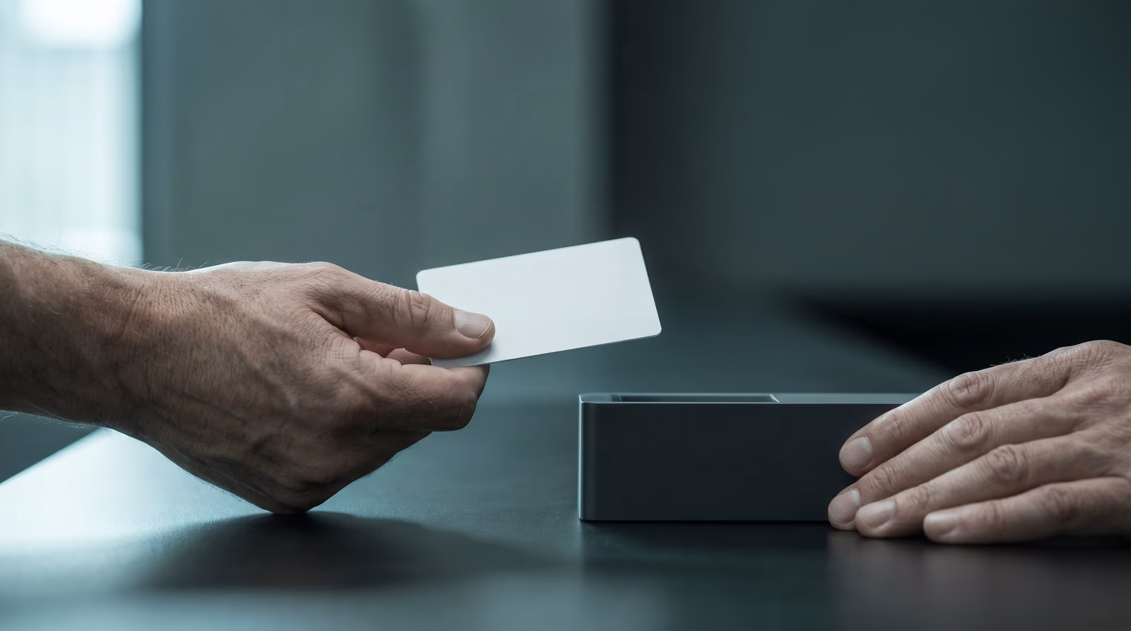 Hands holding a plain unbranded payment card toward a generic card terminal on a dark studio surface, representing frictionless ecommerce checkout flow design