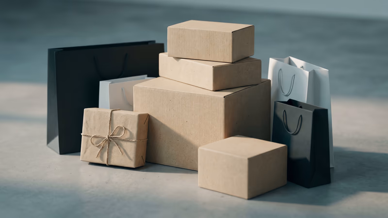 Unbranded shipping boxes and matte shopping bags arranged on a neutral studio surface, representing ecommerce platform selection for small businesses
