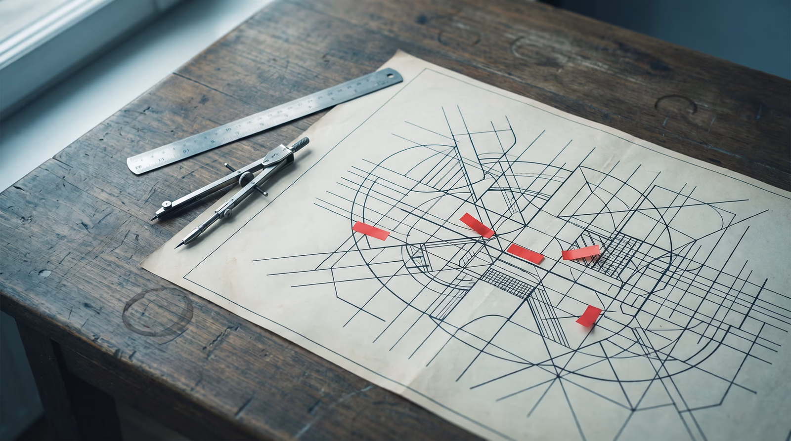 Architectural blueprint on a worn work desk with a ruler, compass, and red flag markers highlighting structural problem areas, representing common web design mistakes and how to identify them
