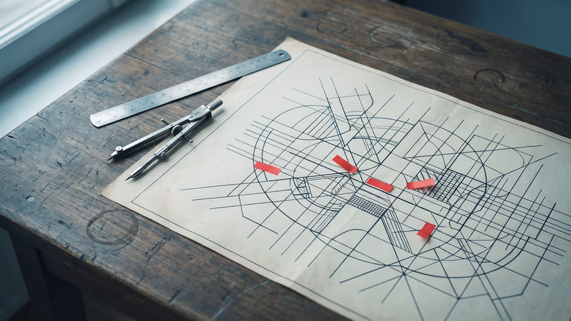 Architectural blueprint on a worn work desk with a ruler, compass, and red flag markers highlighting structural problem areas, representing common web design mistakes and how to identify them