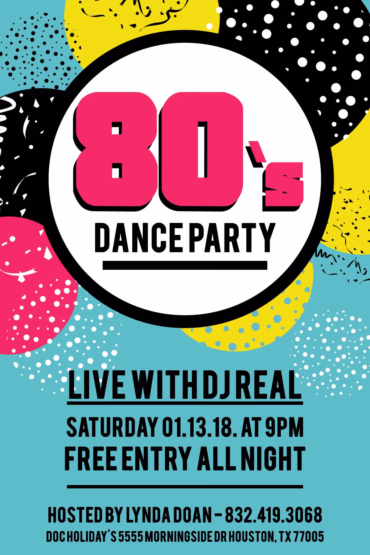 Doc Holliday's 80s party event flyer designed by Desque