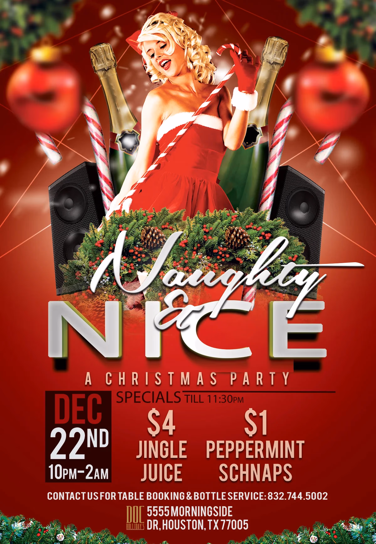 Doc Holliday's Naughty or Nice holiday event flyer designed by Desque