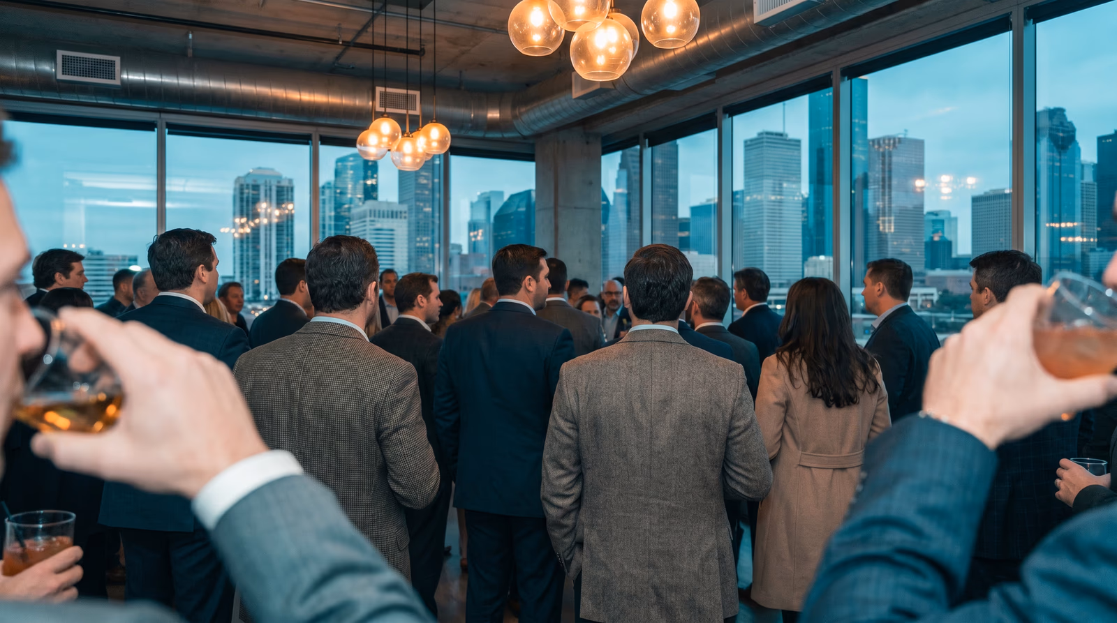 Business professionals networking at a modern Houston venue, seen from behind against warm interior lighting with city views, illustrating Houston business relationship building