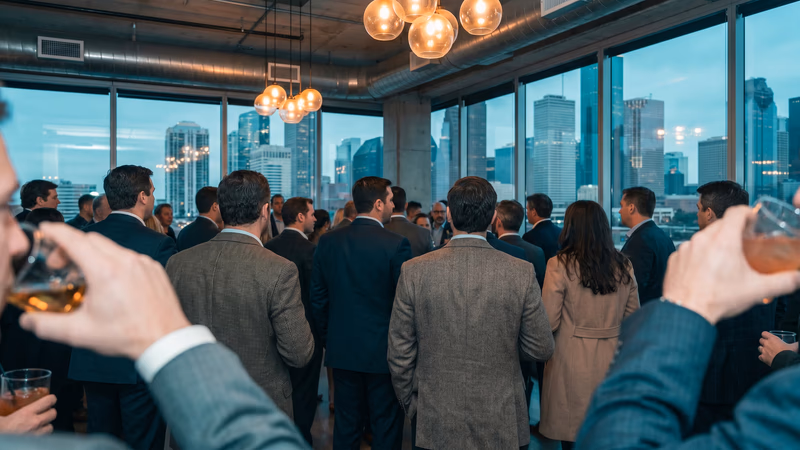 Business professionals networking at a modern Houston venue, seen from behind against warm interior lighting with city views, illustrating Houston business relationship building