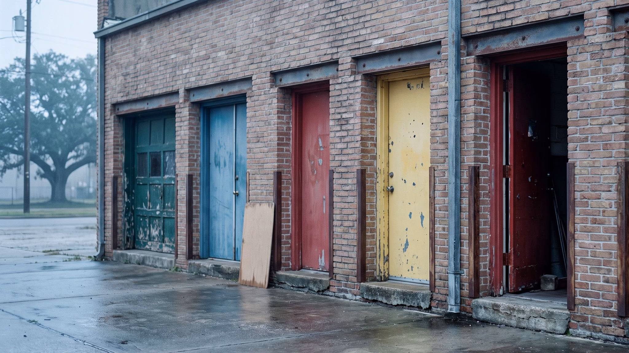 Five weathered service doors in framed openings along a brick building, the last one propped open on a dark storeroom