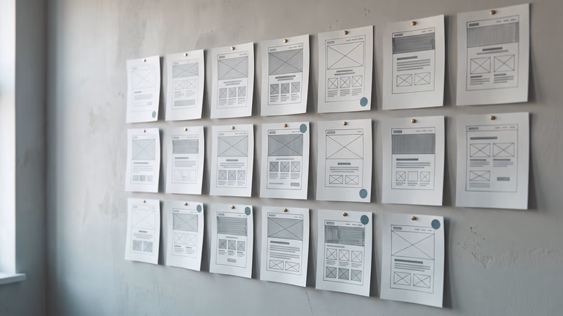 Studio wall of pinned paper wireframes and page thumbnail sketches in soft window light, a few sheets marked with teal dots for the layouts kept