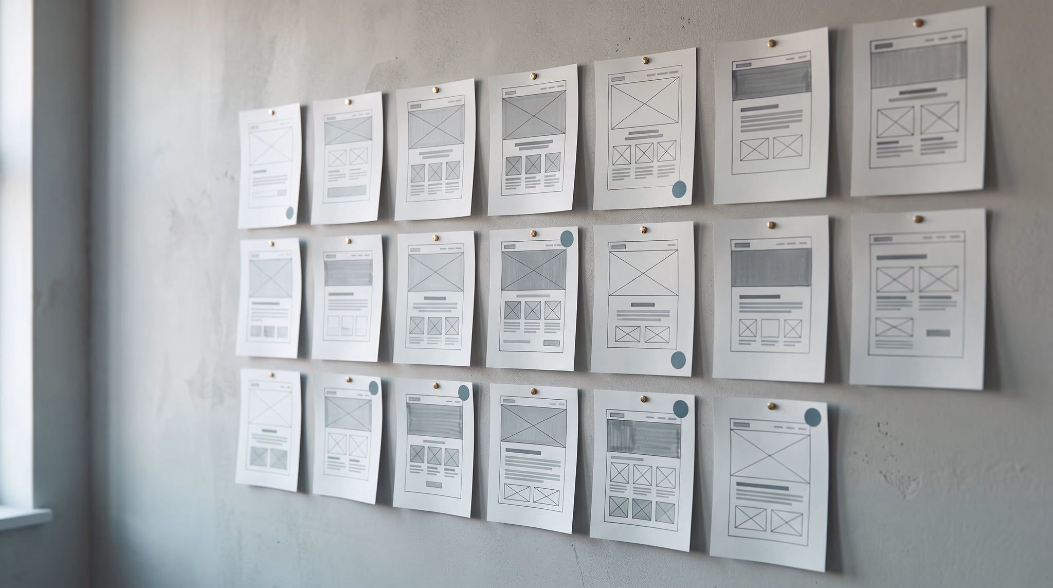 Studio wall of pinned paper wireframes and page thumbnail sketches in soft window light, a few sheets marked with teal dots for the layouts kept