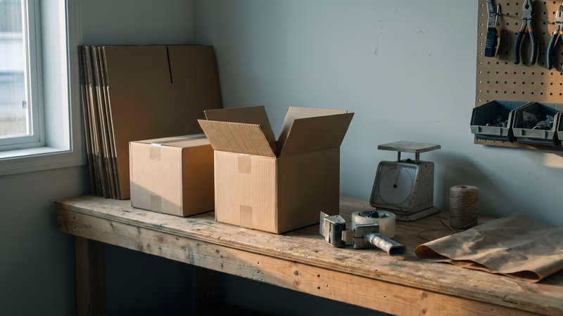 An unattended back-room packing bench in a small shop, with plain kraft boxes, a tape dispenser, packing paper and a small parcel scale set out ready to ship the first online orders.