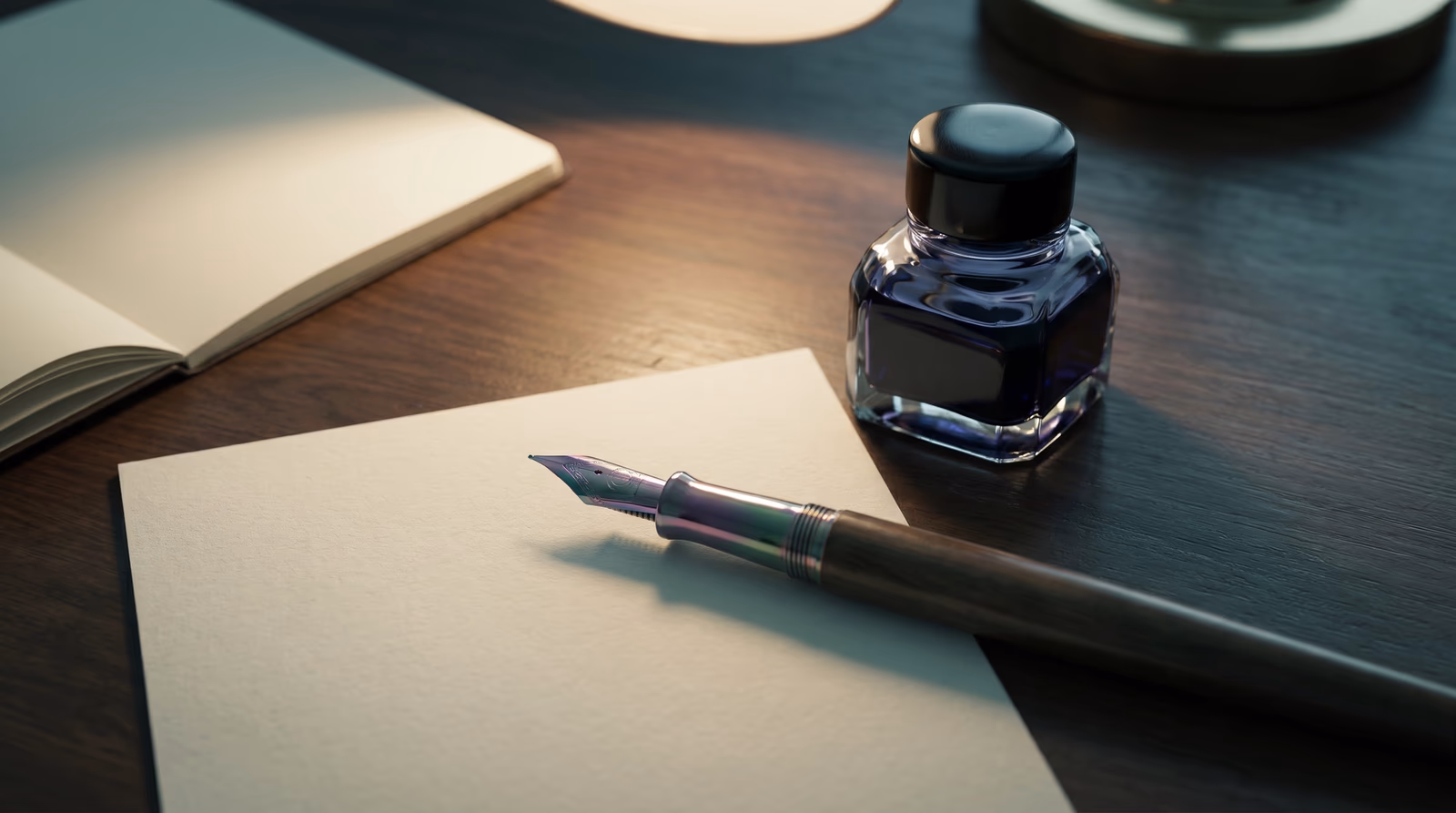 A vintage fountain pen resting on a blank cream sheet beside an ink bottle on a dark wood desk, representing the craft of persuasive website copywriting