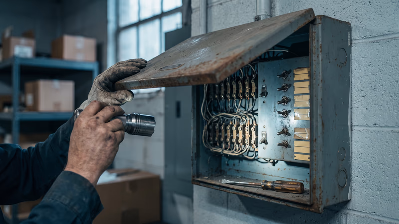 Hands opening an old wall-mounted control panel in a back room, a flashlight across dusty switches
