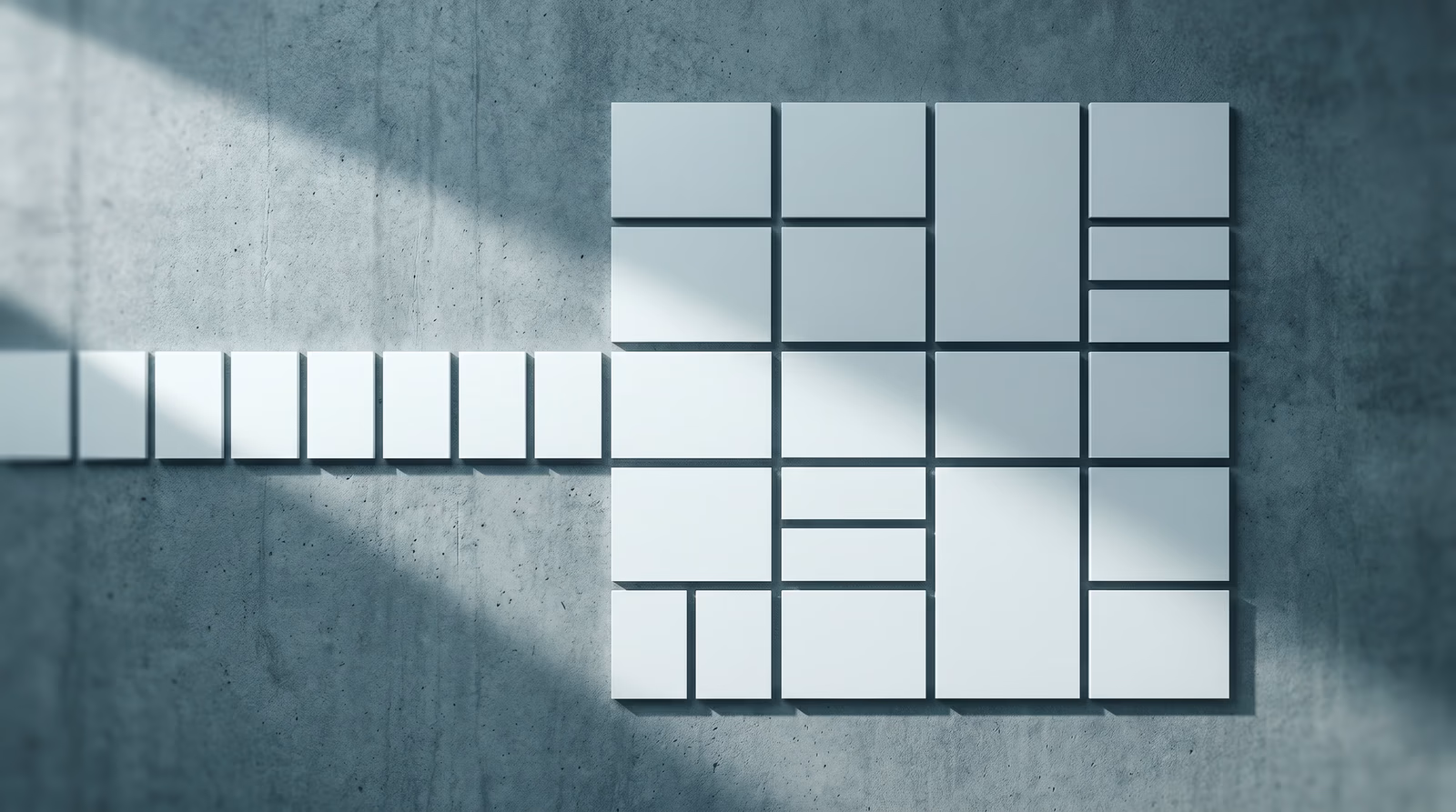 Overhead flat-lay of blank modular rectangular panels arranged in a precise two-dimensional grid on concrete, illustrating CSS Grid two-axis and Flexbox one-axis layout structure