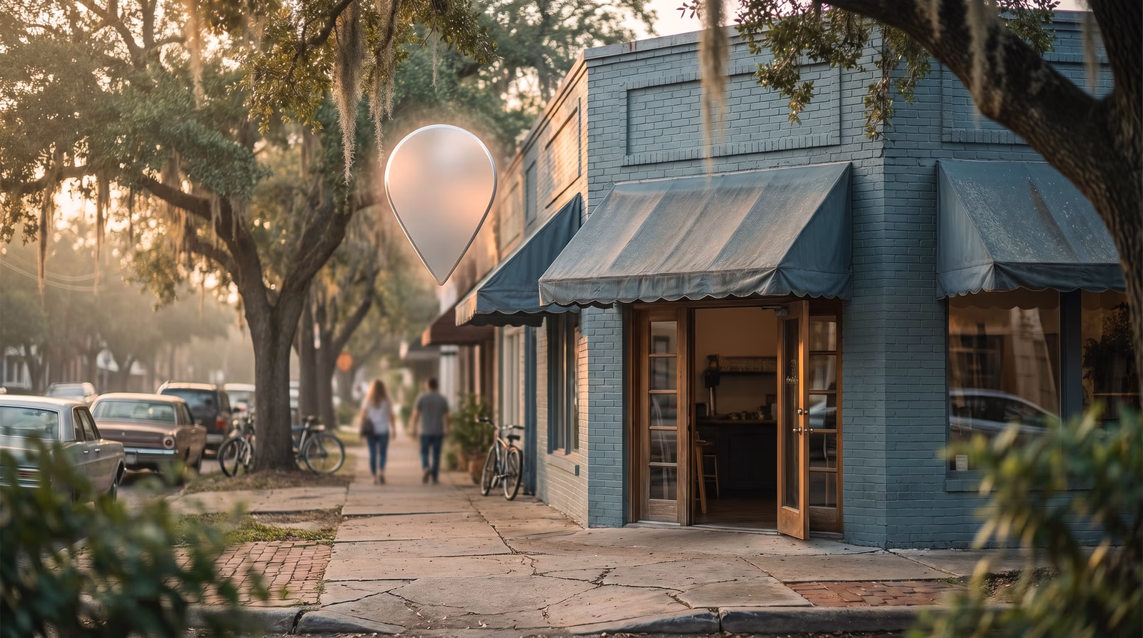A Houston neighborhood storefront with a generic map pin marker above it in warm golden-hour light, representing local SEO and search visibility for Houston small businesses