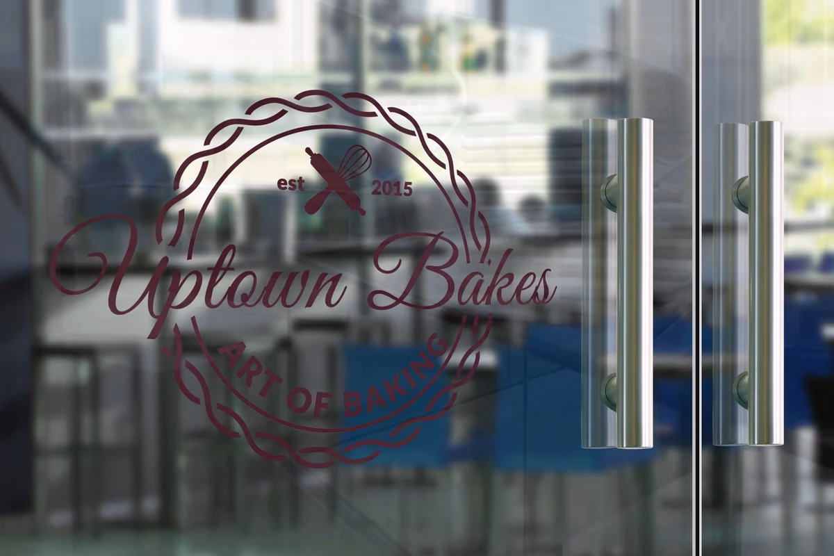 Uptown Bakes brand application mockup with packaging designed by Desque
