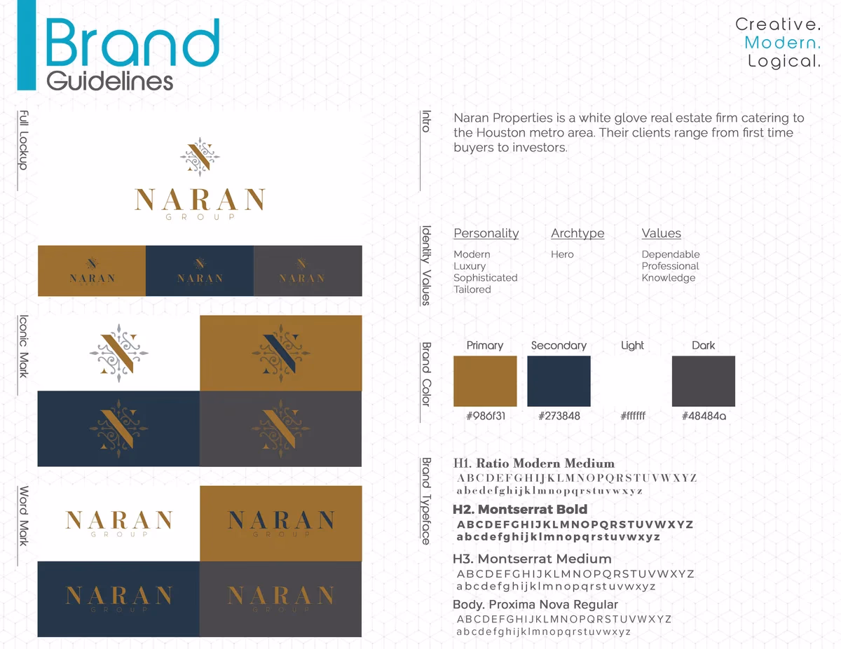 Naran Group brand guideline sheet showing color palette and typography designed by Desque