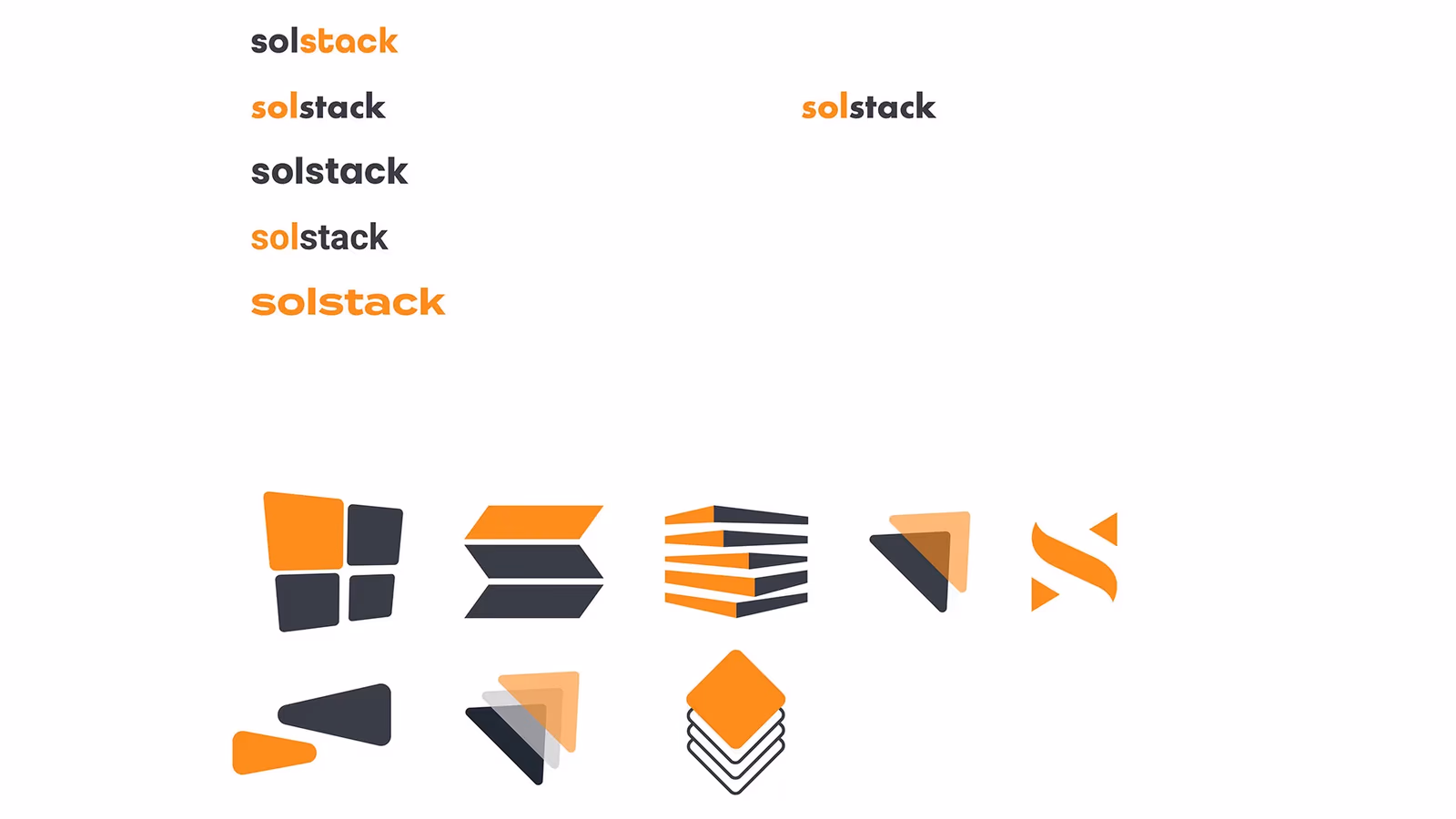 Solstack logo exploration sheet showing multiple wordmark treatments and eight distinct icon concept directions designed by Desque