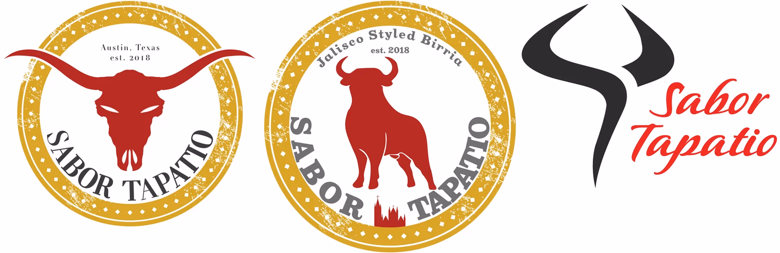 Sabor Tapatio logo concept explorations showing longhorn skull badge, full bull silhouette with cathedral, and simplified circular mark, explored by Desque