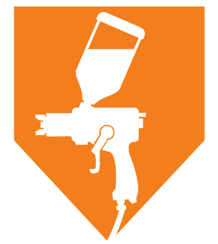 First Class Collision Repair shield icon with spray gun silhouette, designed by Desque