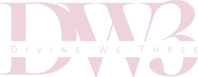 Divine We Three reverse white logo on dark background designed by Desque