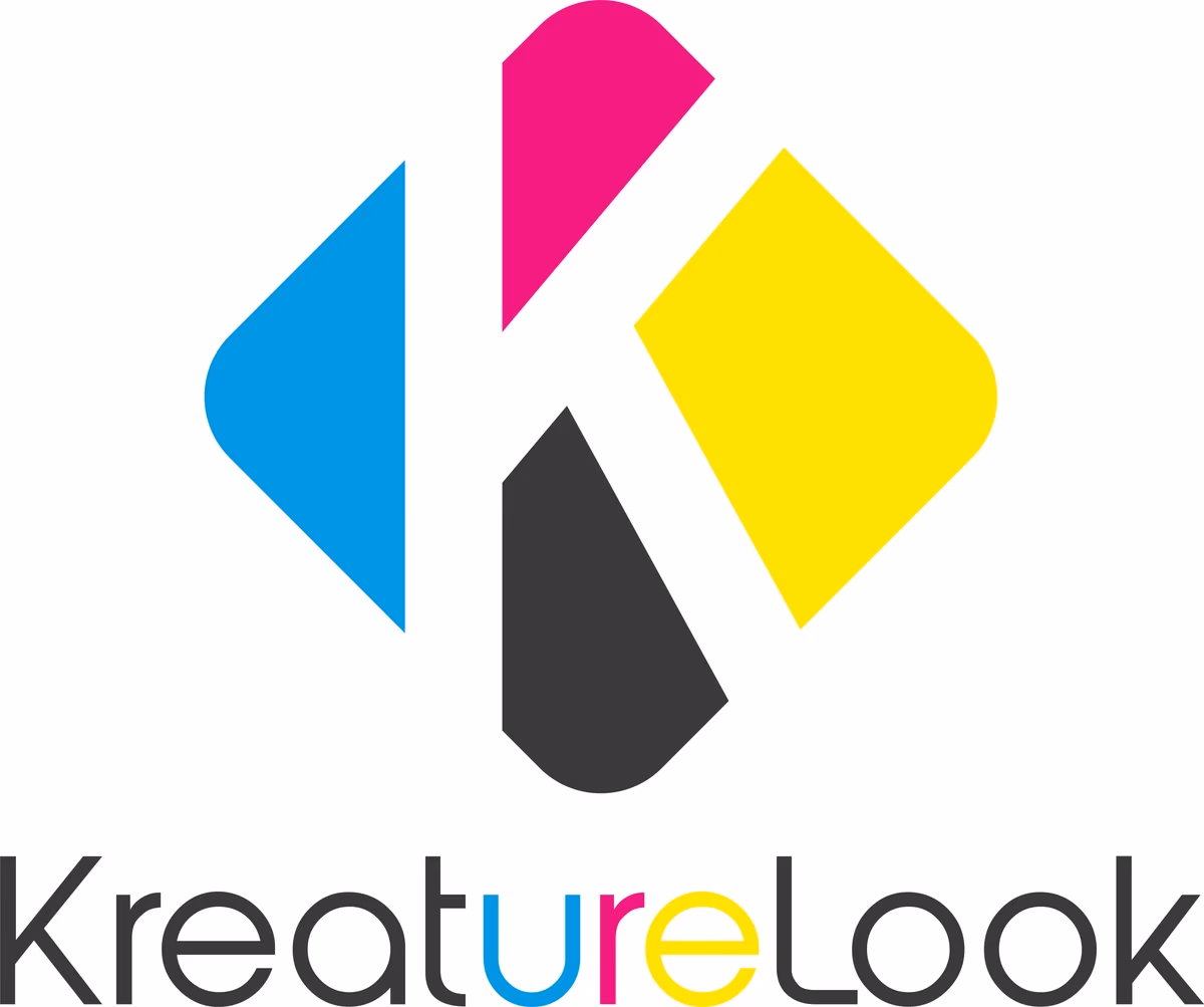 Kreature Look full lockup showing the geometric icon above the wordmark with selective CMYK color highlights on 'ure', designed by Desque