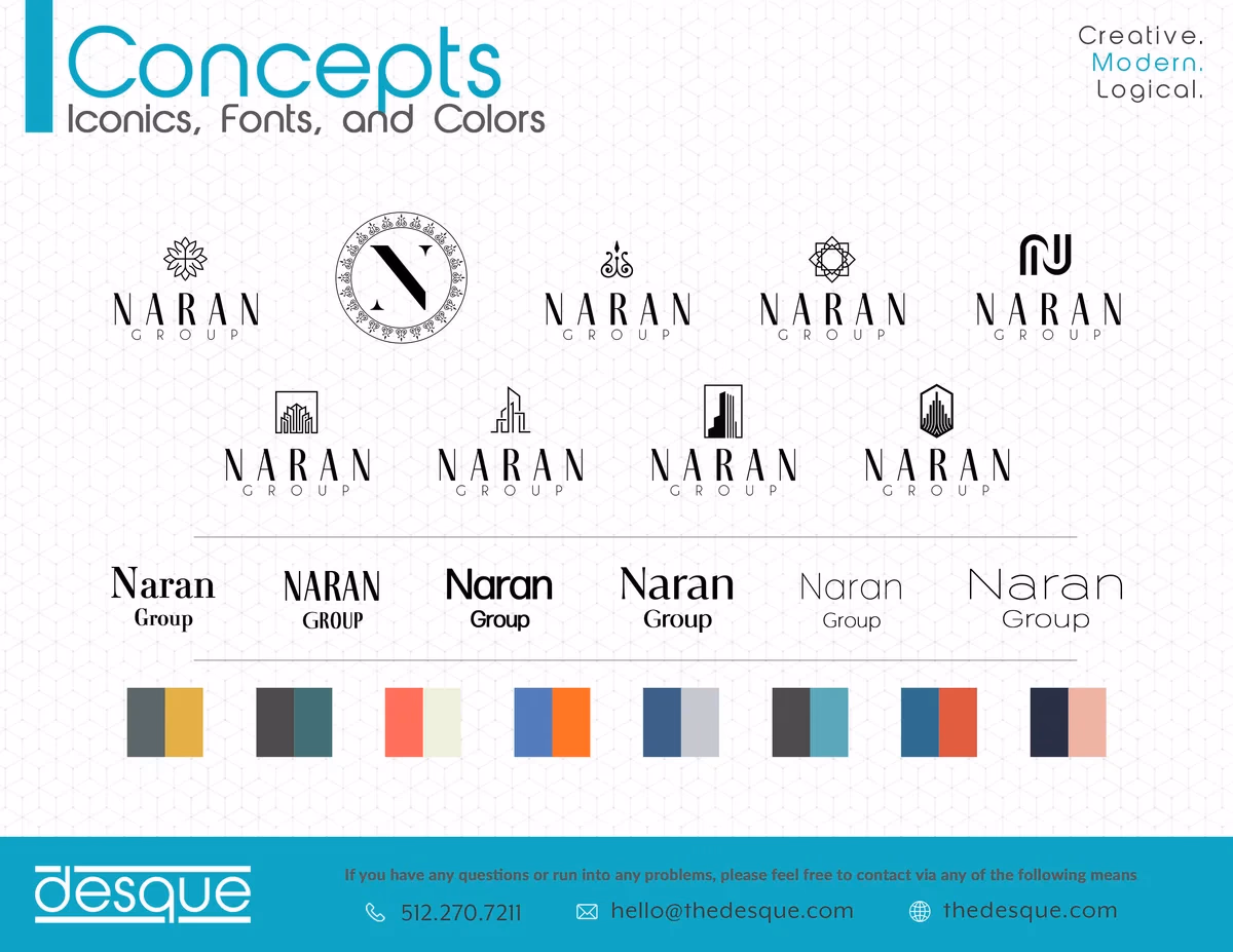 Naran Group logo concept exploration sheet showing multiple icon and wordmark directions, by Desque