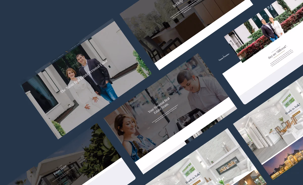 Naran Group website multi-page mockup showing several sections angled on a dark background, designed by Desque