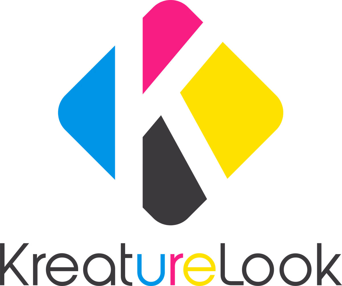Kreature Look primary logo mark: four CMYK geometric forms around a negative-space K, designed by Desque