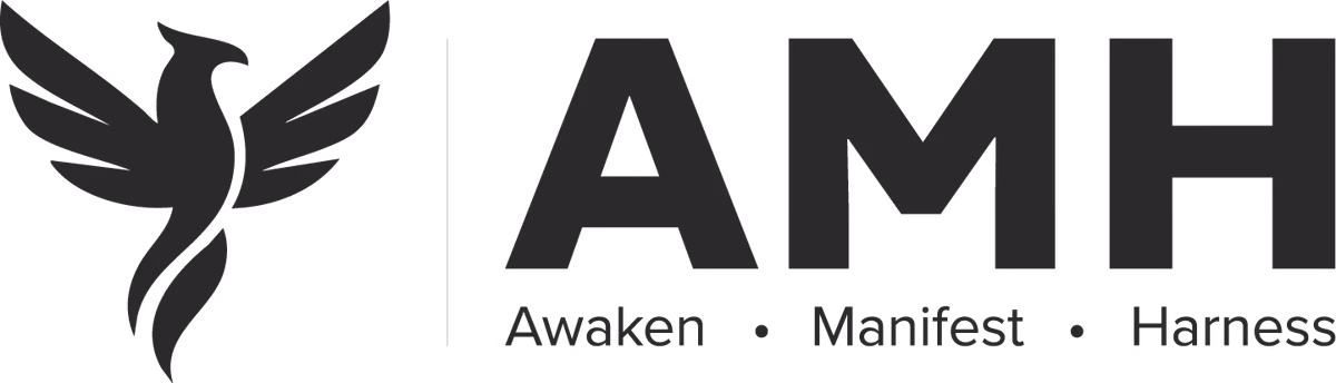 AMH Training primary logo lockup with phoenix mark and Awaken Manifest Harness tagline designed by Desque