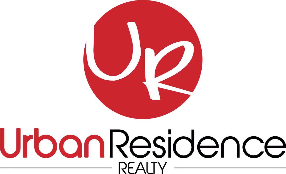 Urban Residence Realty primary logo, circular monogram badge with handwritten UR initials, brand identity designed by Desque