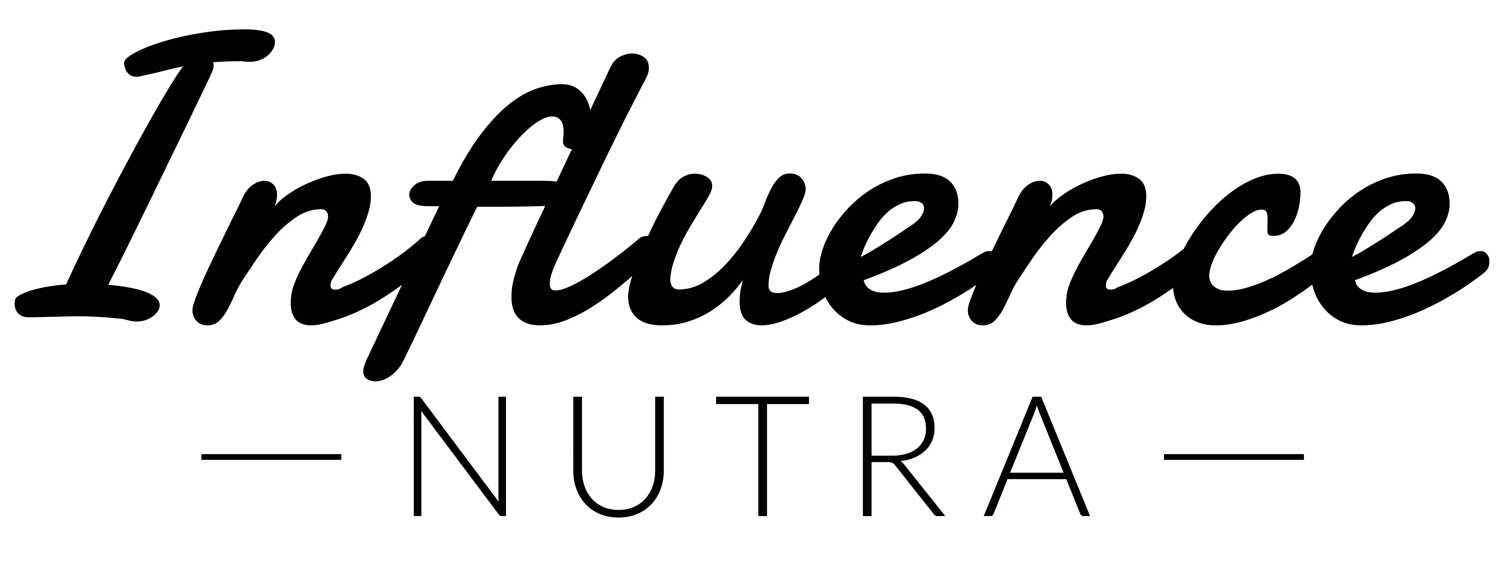 Influence Nutra primary logo lockup with handwritten script and geometric sans-serif, designed by Desque