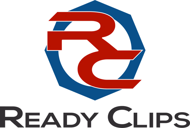 Ready Clips stacked RC monogram logo designed by Desque, red blue and dark colorway