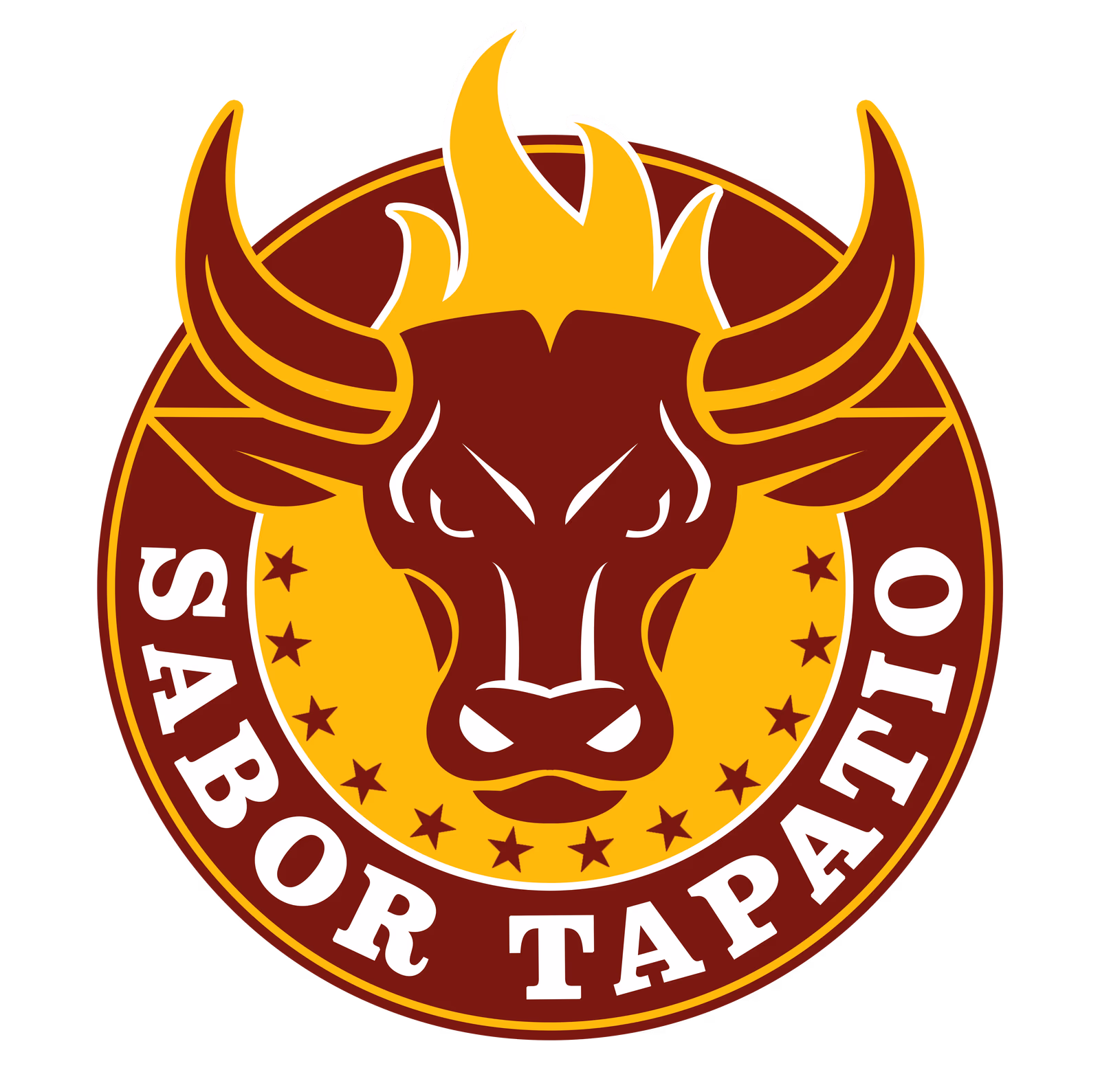 Sabor Tapatio final logo: bold circular bull badge with flame iconography in red and gold, Jalisco Styled Birria wordmark, designed by Desque