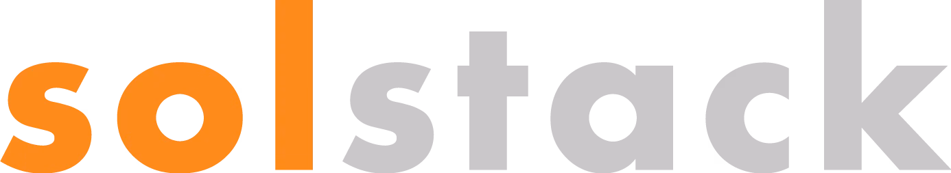 Solstack white standalone wordmark on dark background designed by Desque