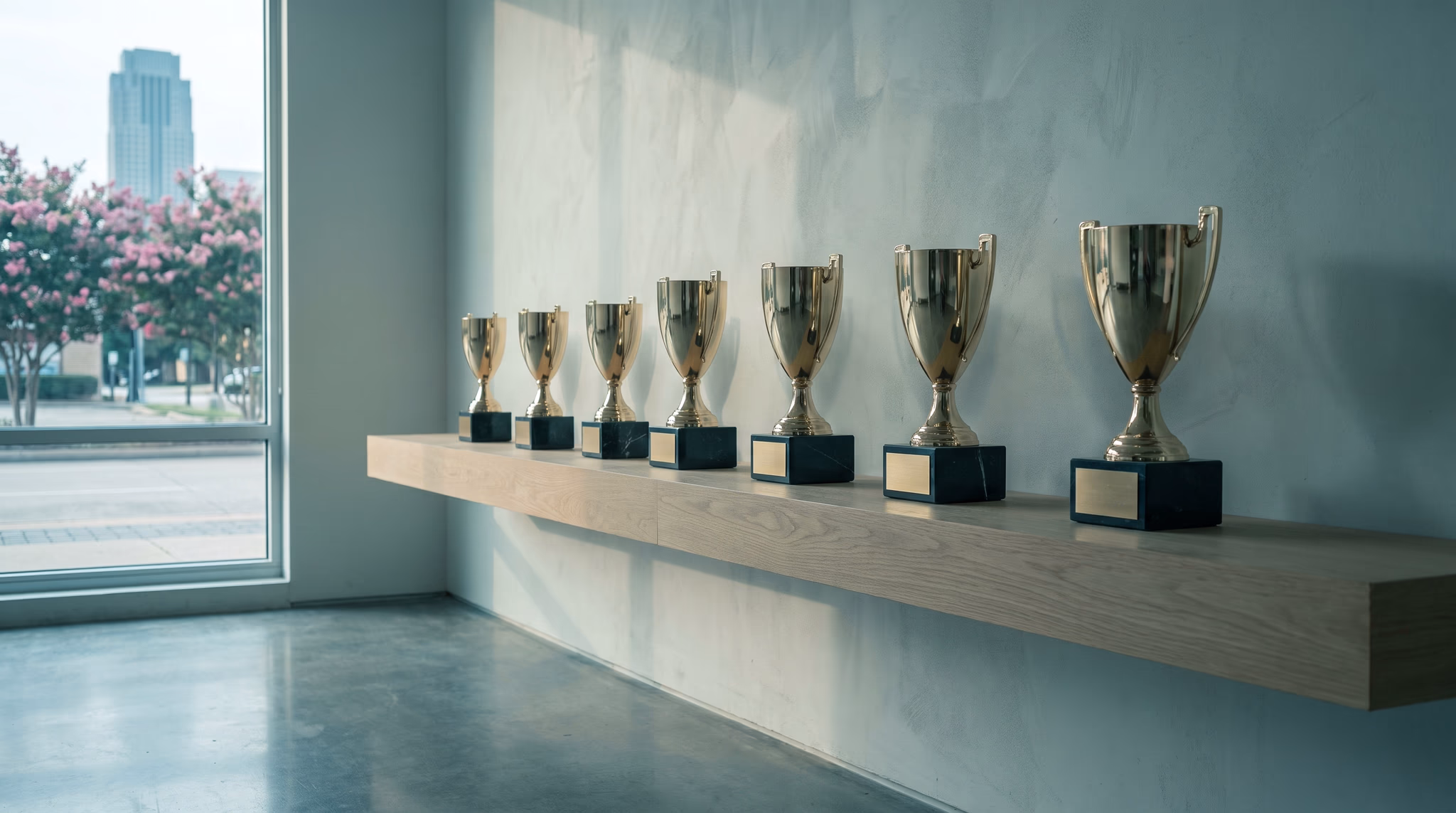 Seven gleaming gold trophies with blank, unengraved nameplates on a single wall shelf in an empty Houston room, a window beyond showing crape myrtles and a distant Uptown tower, a picture of SEO reports that look impressive but measure nothing