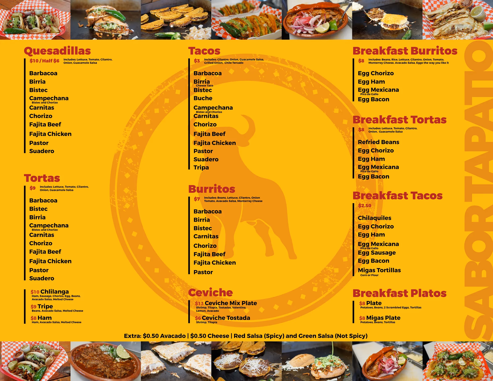 Sabor Tapatio alternate menu layout with consistent yellow and dark red brand colors, designed by Desque