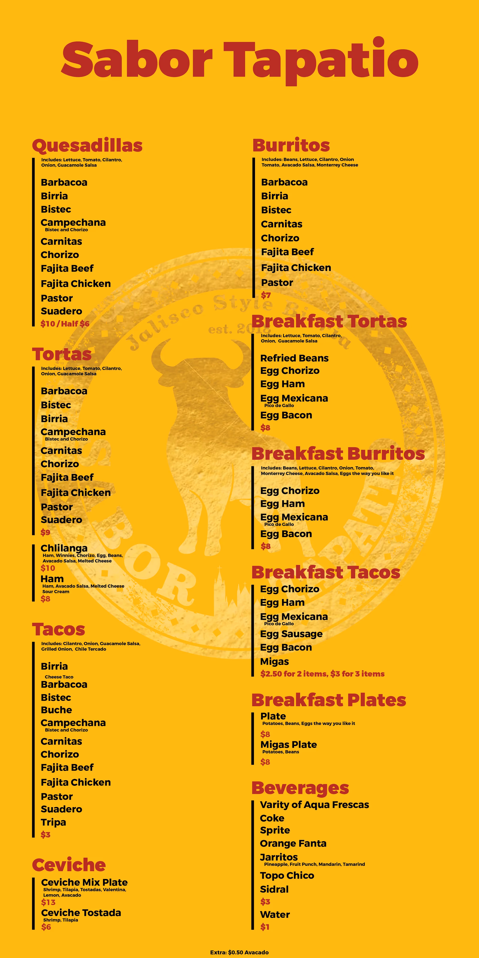 Sabor Tapatio full menu design with yellow background, dark red typography, and watermark bull logo, showing tacos, burritos, tortas, and breakfast items, designed by Desque
