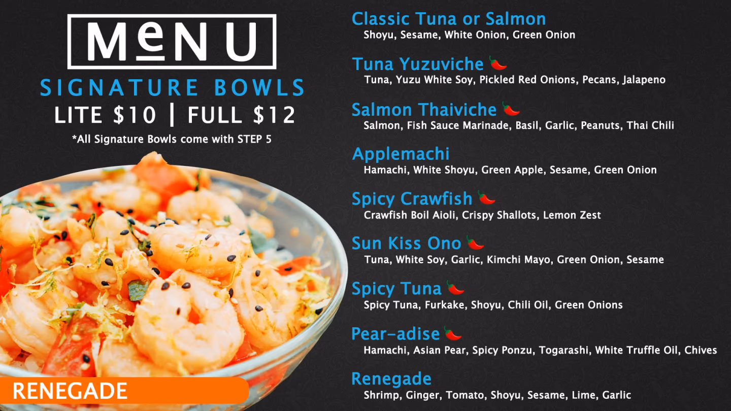 Pokeology menu v1 Renegade bowl card designed by Desque