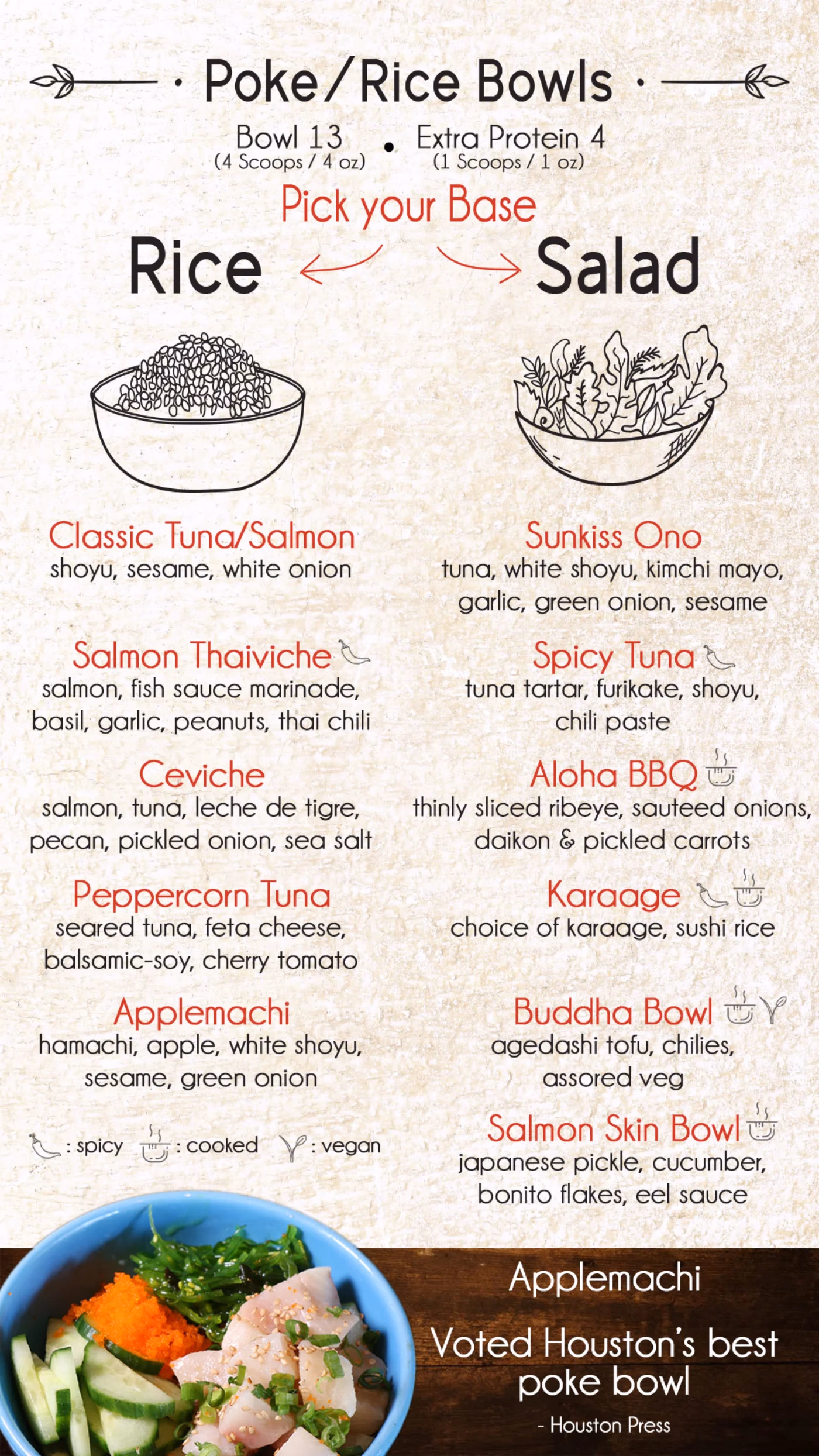 Pokeology menu v2 poke and rice bowls section designed by Desque