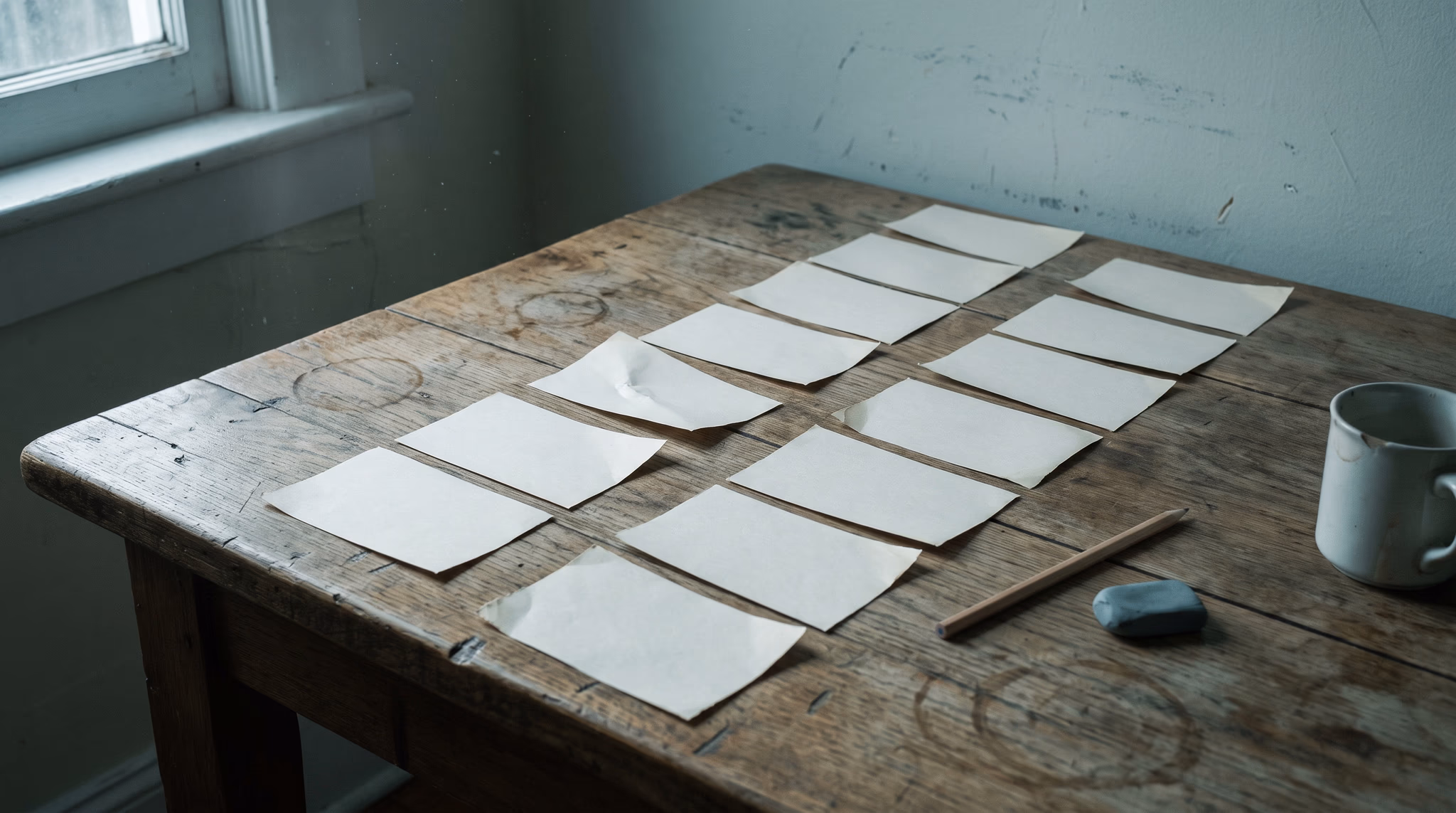 Two tidy columns of blank cards paired across a worn plank table with a pencil set down beside them, the URL and redirect map that protects rankings in a Squarespace to Webflow migration
