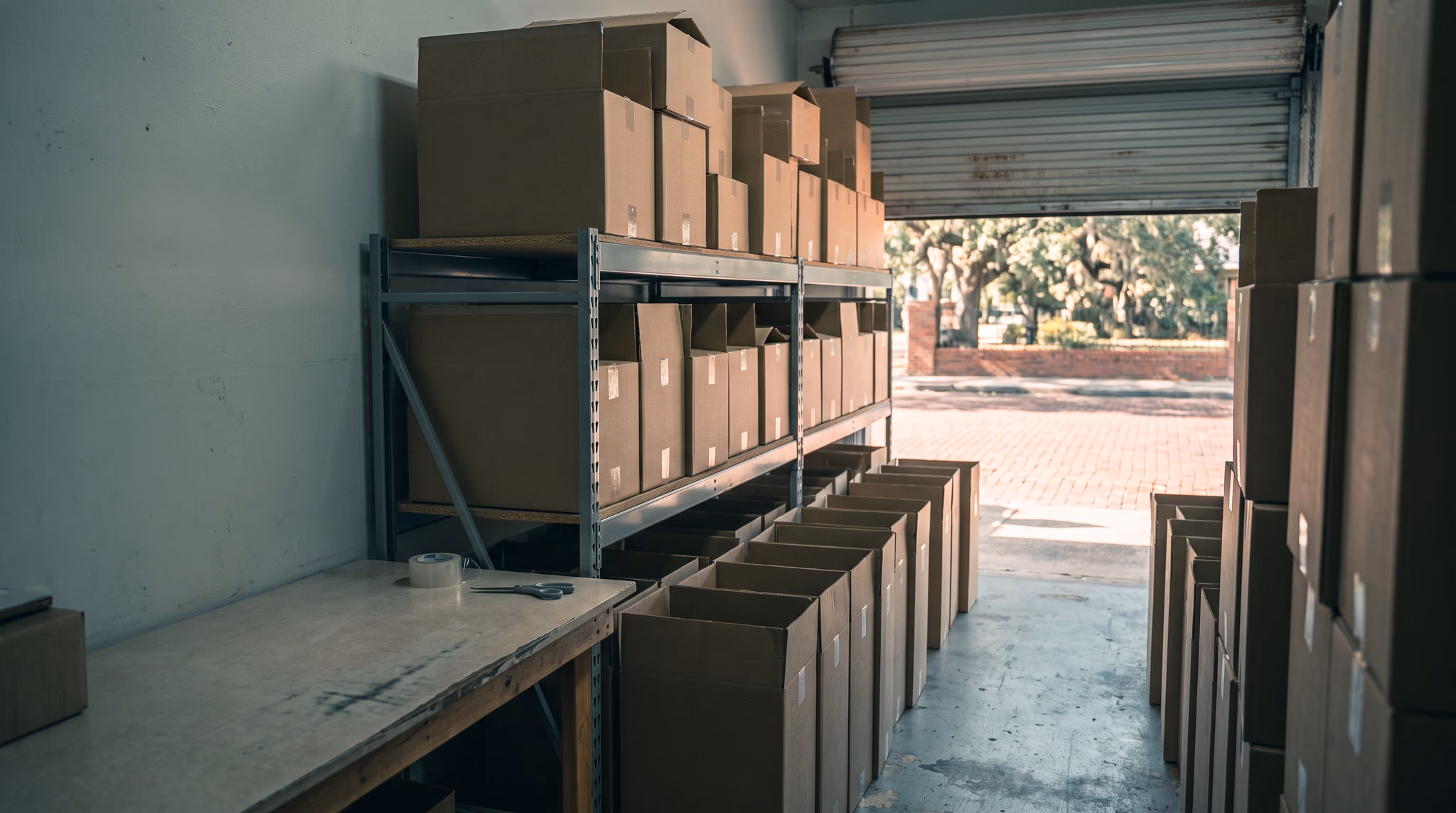 A small shop stockroom with plain cartons stacked past the top of an overloaded shelving unit and a crowded packing table, a store that has outgrown its ecommerce platform