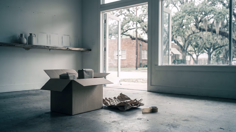 An open carton of wrapped items on a storefront floor below a half-emptied shelf marked with dust rectangles, illustrating what content actually transfers in a Wix to Webflow migration