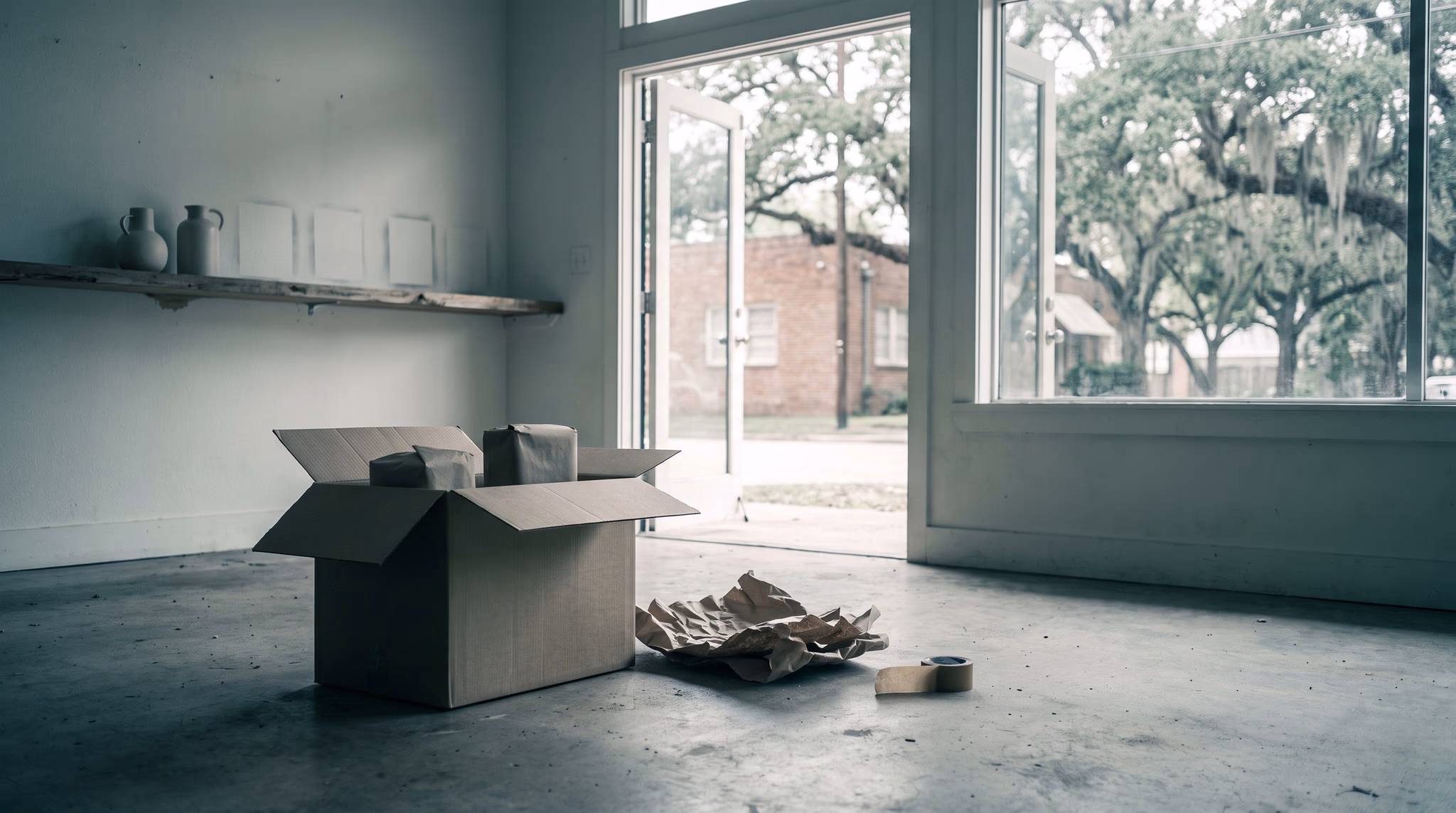 An open carton of wrapped items on a storefront floor below a half-emptied shelf marked with dust rectangles, illustrating what content actually transfers in a Wix to Webflow migration
