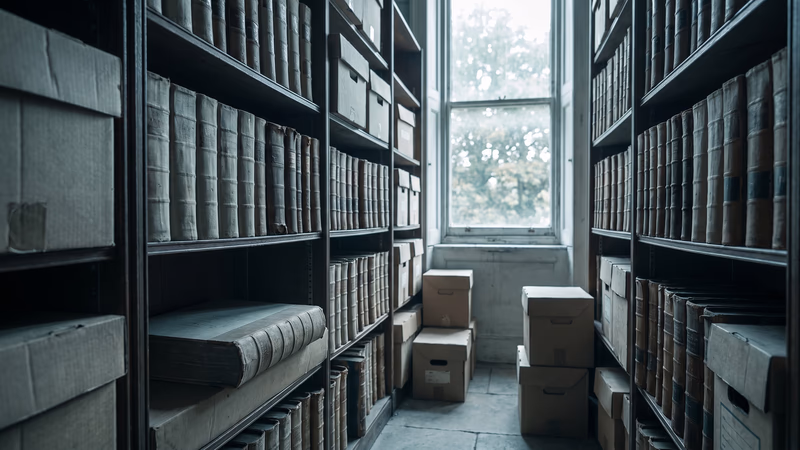 A back-office archive of plain cloth-bound ledgers shelved spine-out beside blank archive boxes, with one closed ledger lying flat, the years of order and customer history behind a WooCommerce to Shopify migration
