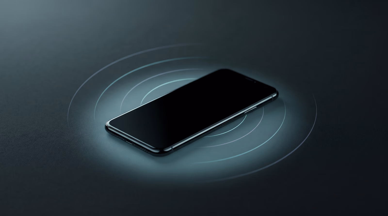 A smartphone surrounded by abstract concentric signal arcs on a dark surface with teal ambient glow, representing progressive web app connectivity and offline-capable mobile experiences