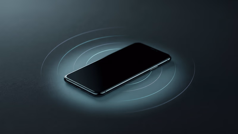 A smartphone surrounded by abstract concentric signal arcs on a dark surface with teal ambient glow, representing progressive web app connectivity and offline-capable mobile experiences