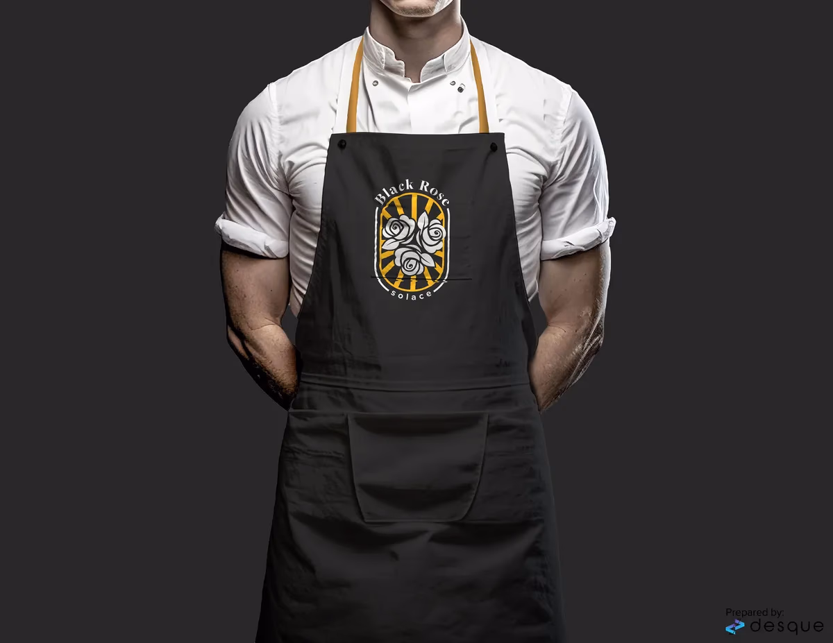 Black Rose Solace branded staff apron designed by Desque