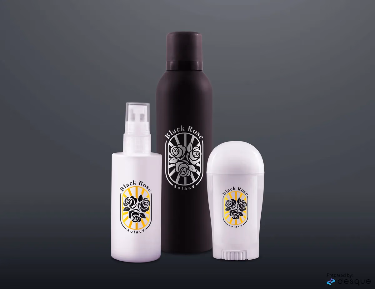 Black Rose Solace branded product bottles designed by Desque